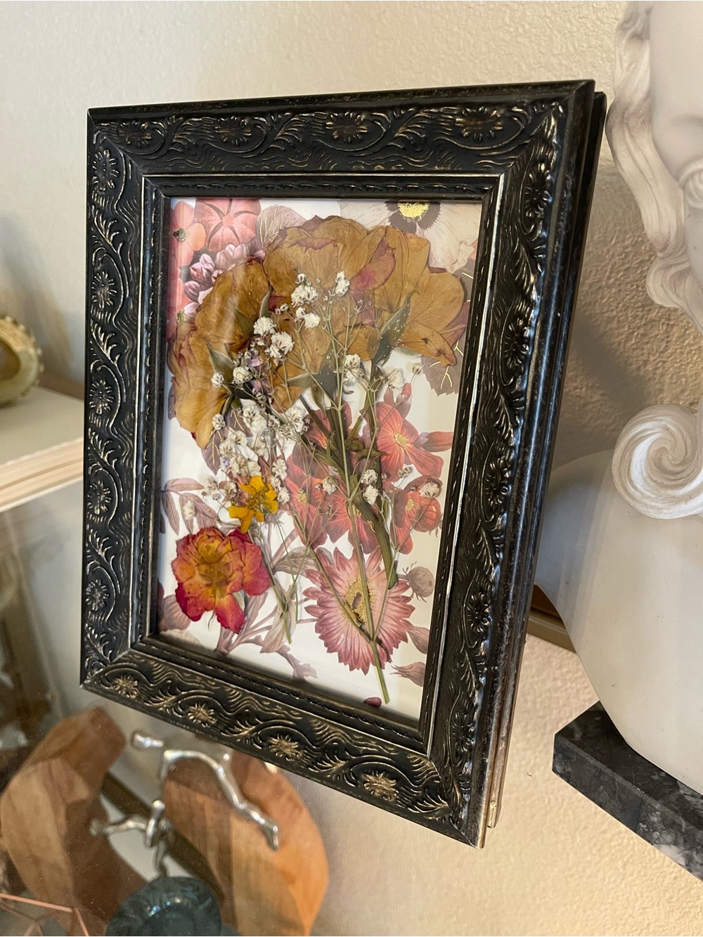 Pressed Floral Art in Black Ornate Frame